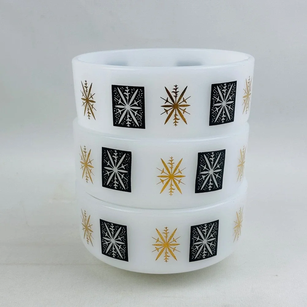 Vtg Federal Snowflake Atomic Starburst Milk Glass 3‎ Bowl Set Black Gold 1 Cup